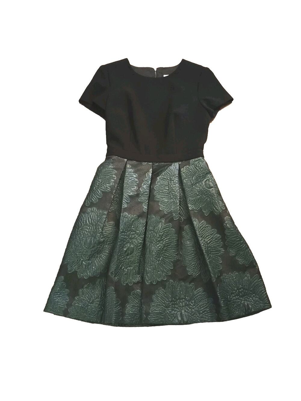 TRINA TURK Black Solid Top Pleated Matelasse Iridescent Green Skirt Dress sz 2
